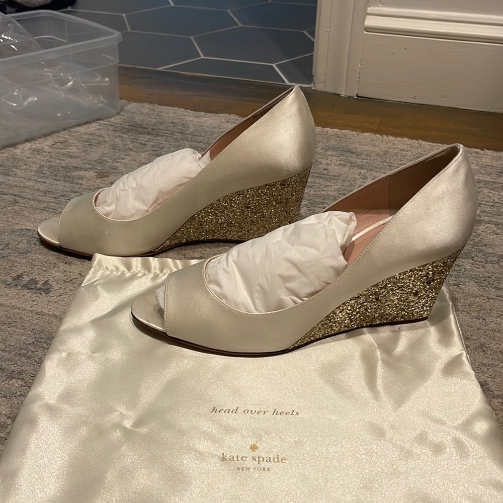 Kate Spade white satin wedges